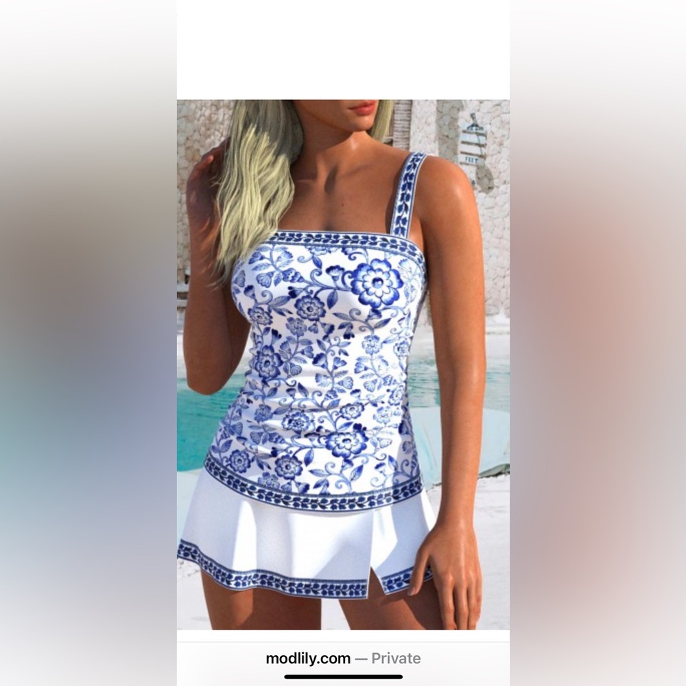 Modily NWOT floral Blue and White Tankini bathing suit